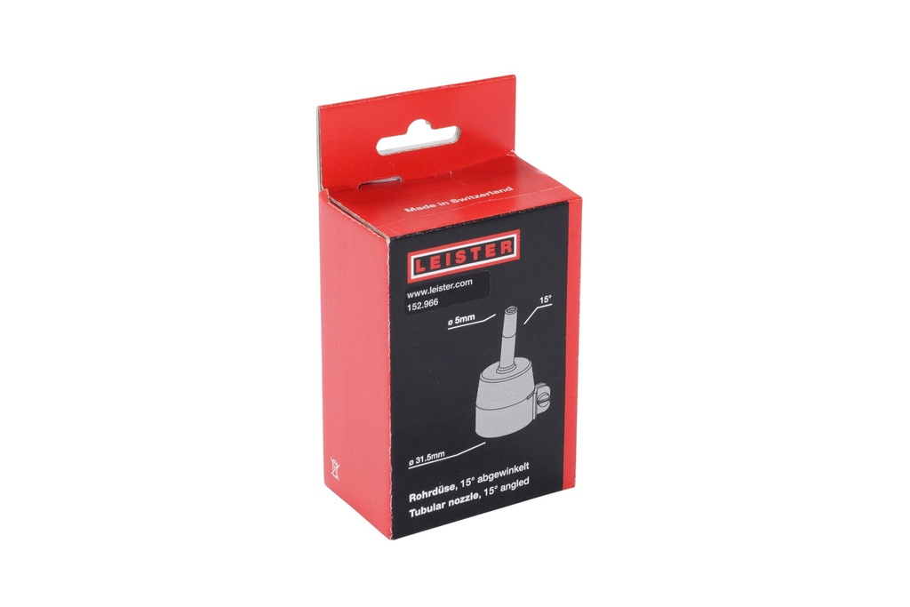 LEISTER 152.966 TUBULAR NOZZLE (Ø 31.5) Ø 5MM 37MM 15° ANGLED PACKAGE POS (POINT OF SALE) 1 X NR. 100.303